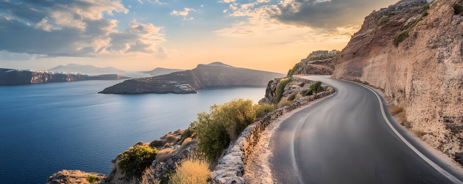 High-resolution photography of a scenic road along the cliffs of Santorini