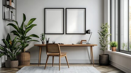 A mockup of two black picture frames on the wall above an office desk, in a minimalistic style. The furniture is made of wood, and there is a modern table lamp. The colors are light,