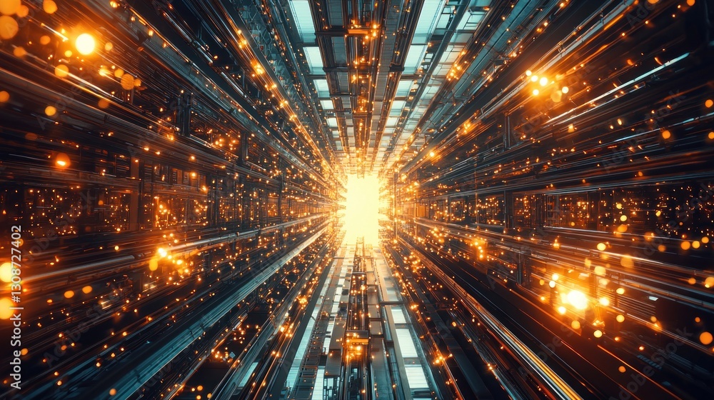 Poster a futuristic tunnel featuring glowing lights and architectural structures