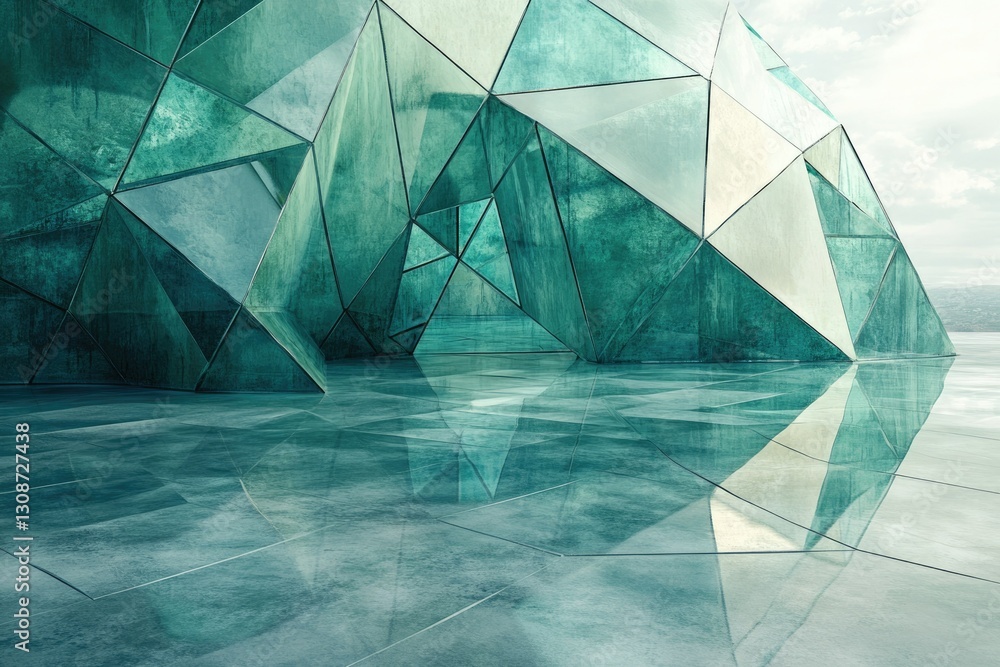 Poster Abstract teal geometric structure with reflective floor, showcasing modern architecture and design.
