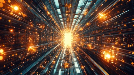 A futuristic tunnel featuring glowing lights and architectural structures