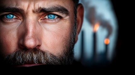 Intense Portrait of a Man with Blue Eyes and a Stirring Expression Against a Smoky Industrial Background