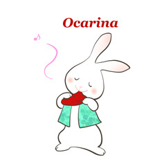 ウサギが楽しそうにオカリナを吹いているイラスト