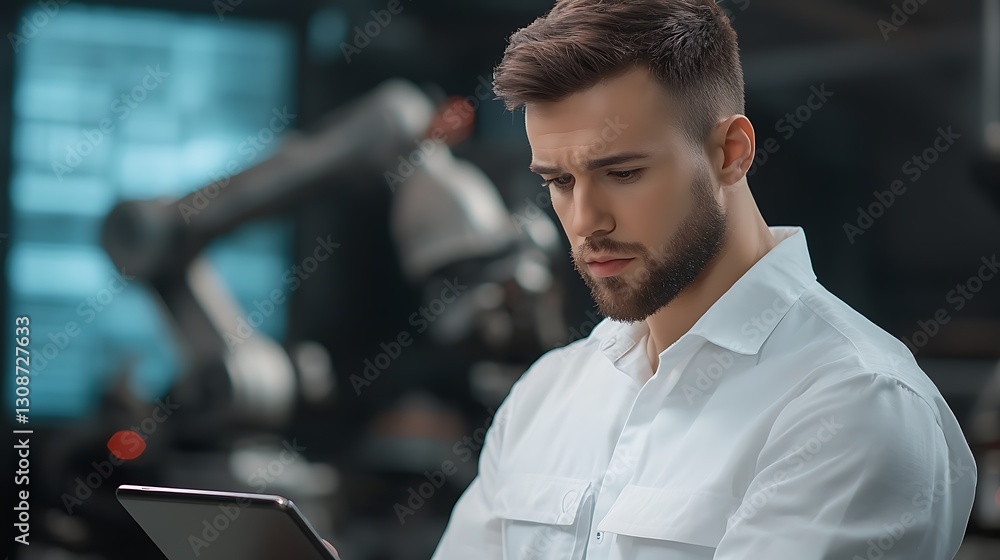 Poster focused engineer examining tablet with robotic arm in modern industrial setting during technological
