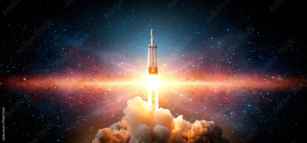 Wall mural the spaceship takes off into the starry sky. a rocket is launched into space. elements of this image