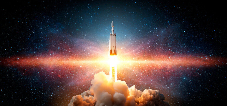 The spaceship takes off into the starry sky. A rocket is launched into space. Elements of this image furnished by NASA.