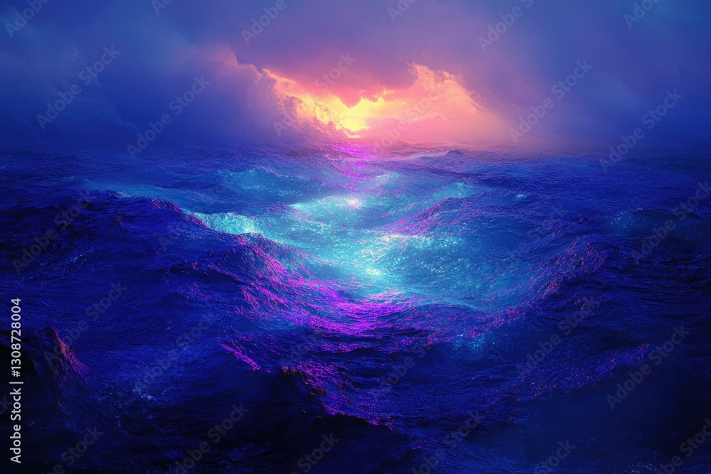 Poster vibrant sunset casting colorful hues across a vast, deep ocean, creating a mesmerizing scene.