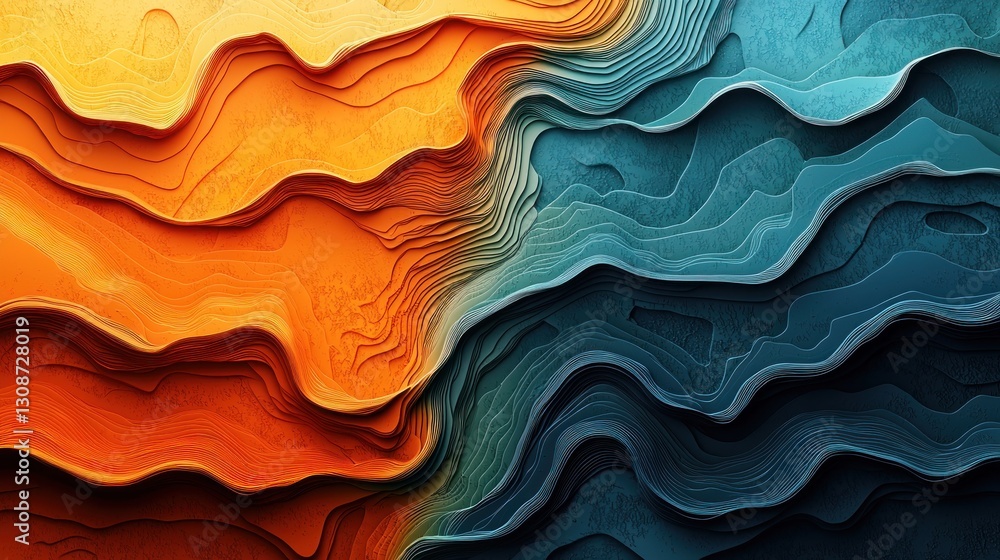 Poster a layered depiction of flowing orange and blue abstract patterns