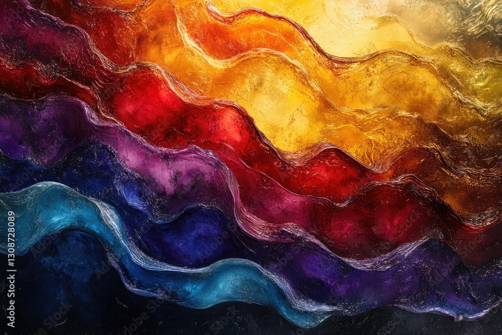 Poster abstract artwork featuring vibrant, flowing colors in hues of red, orange, purple, and blue, creatin