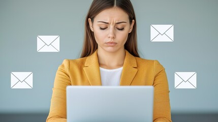Women in business face unique startup challenges with resilience. A woman looks stressed while working on her laptop, surrounded by email icons, indicating a high volume of emails or tasks.