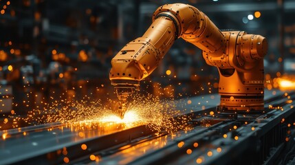 A robotic arm lifting a heavy steel beam in a factory filled with sparks.