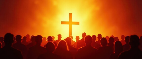 Easter Celebration: People in Circle Facing Fiery Sunset with Large Cross. A large group of people standing in front of a cross.