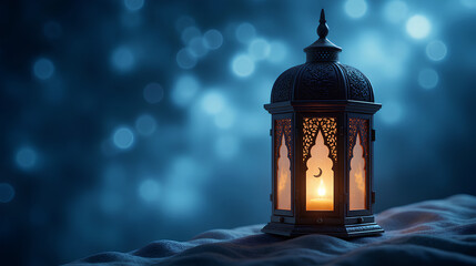 Obraz premium Arabic Style Lantern with Soft Candlelight on Wooden Surface Beside Crescent Moon Figure with Blue Bokeh Lighting Backdrop - Ramadan Kareem and Eid Mubarak