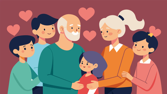 Two lifelong partners reaffirming their love and commitment in front of their children and grandchildren.. Vector illustration