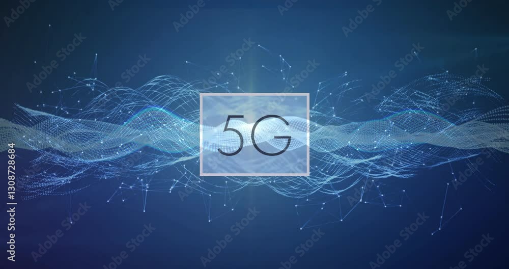 Poster 5g animation with digital waveforms and network connections on blue background
