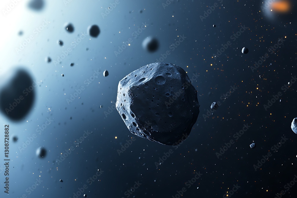 Poster a cosmic scene featuring asteroids floating in space, surrounded by a dark backdrop, highlighting th