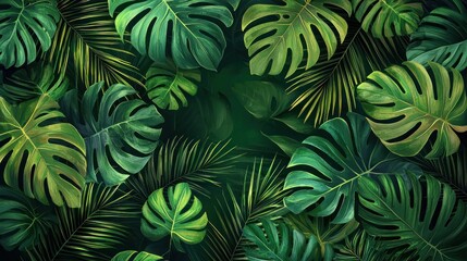 Beautifully rendered artwork featuring vibrant green tropical leaves in an arrangement