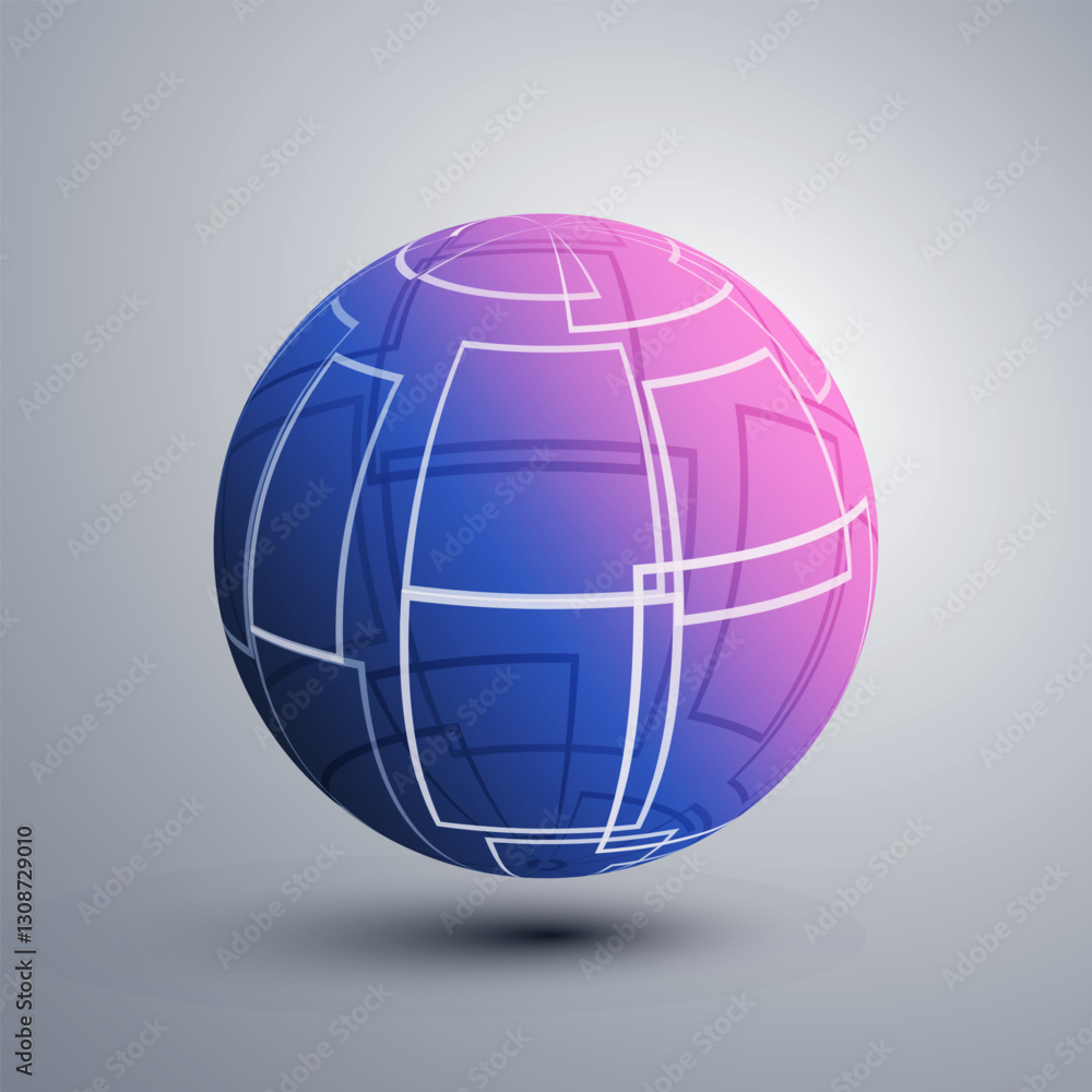 Poster abstract pink and blue translucent patterned lit globe design with intersecting white squares, grid 