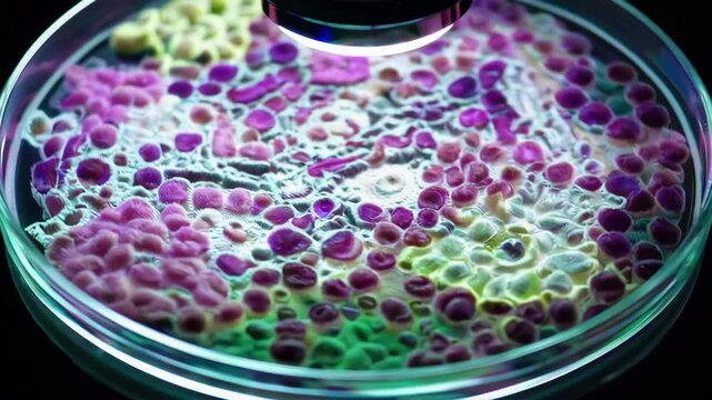 A Vibrant Microbial Culture Observed Under Ultraviolet Light in a Laboratory Setting