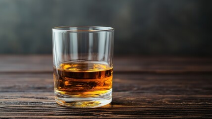A clear glass of whiskey sits on a wooden table, showcasing its rich amber color and inviting appearance against a dark background.