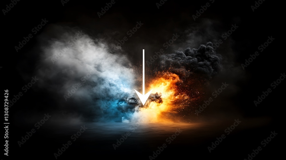 Poster dynamic contrast of smoke and flame with bold arrow symbolizing direction and action in dark atmosph