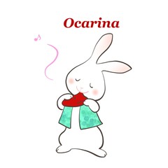 ウサギが楽しそうにオカリナを吹いているイラスト