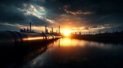 Fototapeta premium Industrial Landscape at Sunset with Pipes Reflected in Calm Water Under Dramatic Cloudy Sky