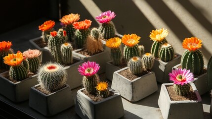 Colorful cacti display blooms in pots during sunny afternoon light
