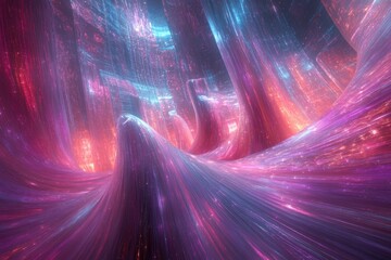 Abstract fractal art depicting a swirling, luminous landscape with vibrant pink and blue hues.