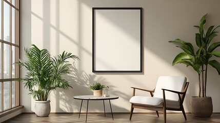 A modern dining room with a black-framed mockup on the wall, a minimalistic interior design of a modern home studio in light colors, featuring grey and beige tones, an accent chair