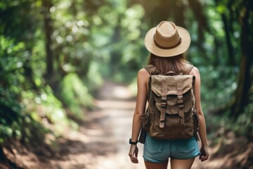 Fototapeta premium Arusha National Park, Tanzania: Woman Hiker Enjoying Beautiful Forest Trail