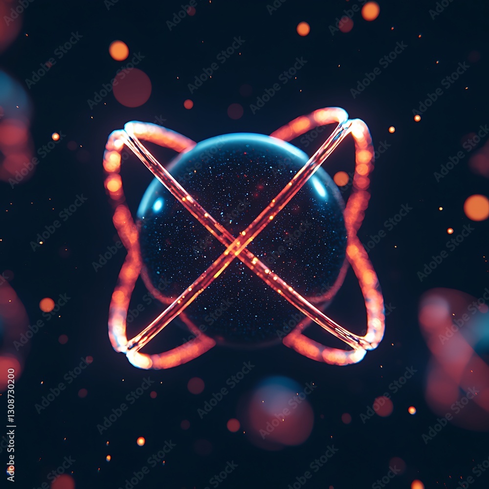 Poster a digital representation of an atom with glowing orbits, symbolizing atomic structure and energy in 