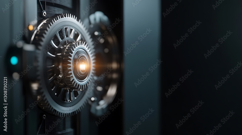 Poster close-up view of a detailed mechanical gear system with shiny metal components and subtle light effe
