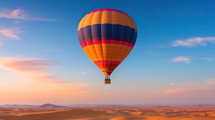 Fototapeta premium A luxury desert experience offers comfort amid breathtaking landscapes. A colorful hot air balloon floats gracefully over a vast desert landscape under a clear blue sky during sunset.