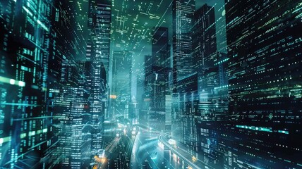 Fototapeta premium Abstract digital shape and particle technological cyber style design connecting become system shape of electronic designing. High tech scenery express mysterious pattern perfect for wallpaper. AIG53.