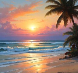 Illustration of ocean beach with palm tree.