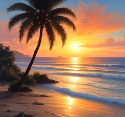 Illustration of ocean beach with palm tree.