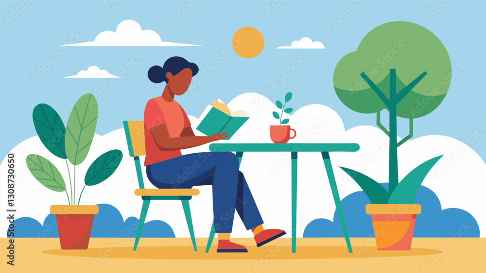 Aufkleber seated at a garden table a reader enjoys the gentle breeze and basks in the sunlight while devouring