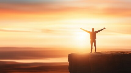 Fototapeta premium Sunset joy at the cliff top with open arms celebrating life and nature's beauty