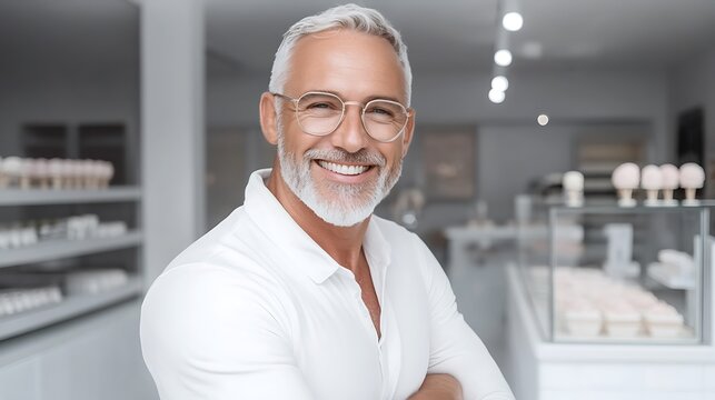 Confident senior man with glasses smiling in modern jewelry store, showcasing elegance and style