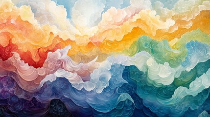 A painting of a colorful sky with clouds and a rainbow