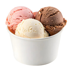 delicious chocolate, vanilla, and strawberry ice cream scoops in a cup , cup of assorted ice cream scoops isolated on white background