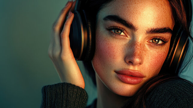 a close-up shot of a woman gently touching her noise-canceling headphones, her face half-lit by soft studio lighting