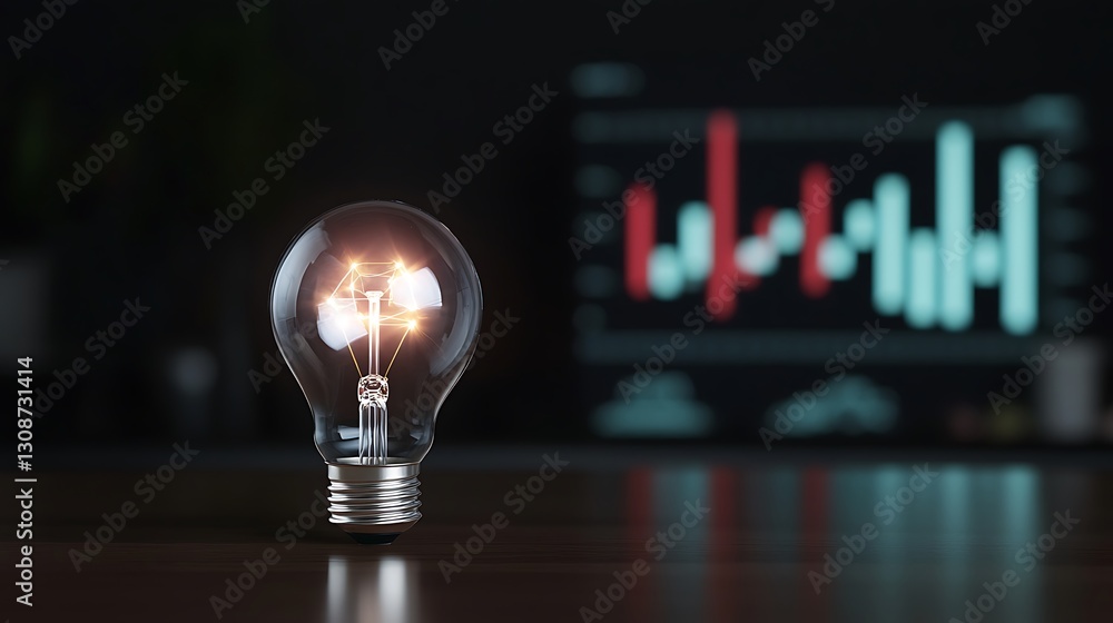 Poster light bulb with glowing filament in foreground against blurred chart with red and blue bars in backg