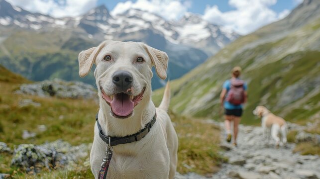 A happy dog with a leash smiles at the camera while a person walks with another dog in a scenic mountain landscape. - Powered by Adobe