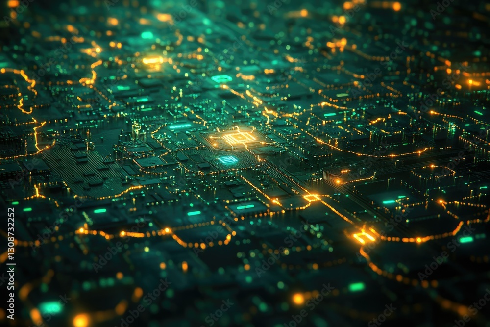 Poster Abstract digital artwork depicting a complex circuit board with glowing pathways, representing technological advancement.