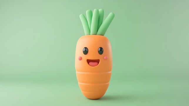 Happy cartoon carrot, green background, healthy food concept