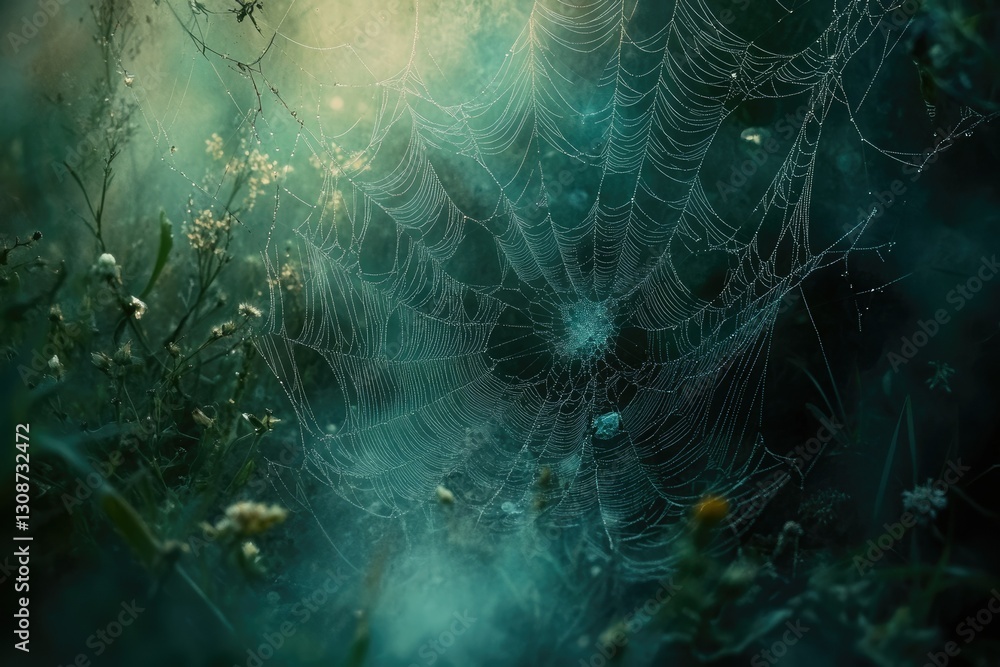 Poster A dew-kissed spiderweb hangs in a mystical, dark green forest, creating an ethereal and enchanting scene.