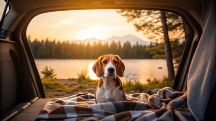 Glamping with a dog requires safe and comfortable travel. Traveling with a dog requires car safety and camping prep. A beagle sits in a car trunk, surrounded by a cozy blanket