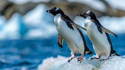 Obraz premium Adorable iceberg penguins in natural antarctic habitat scene